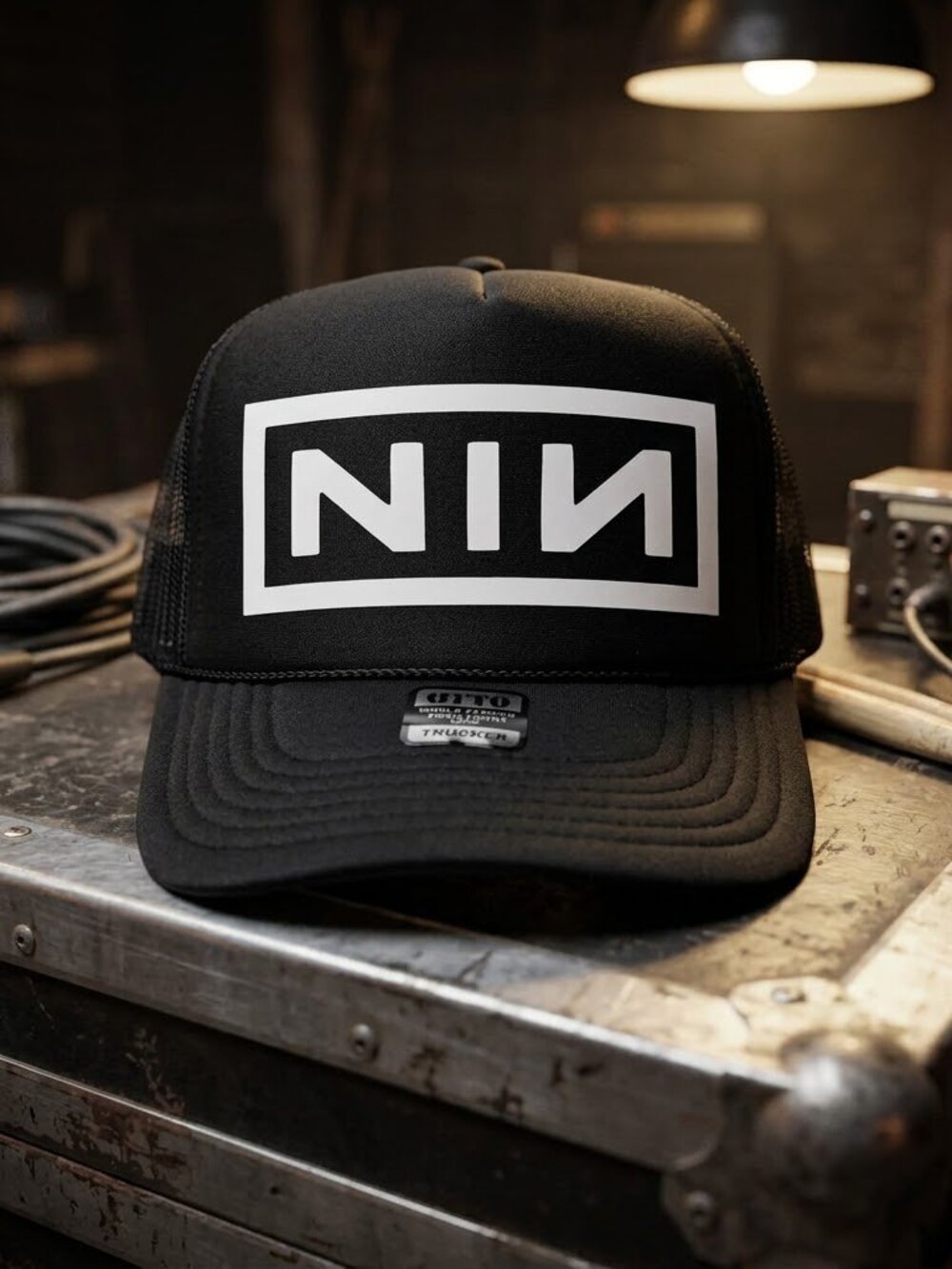 Industrial Rock Reverse N Box Logo Foam Rope Snapback Trucker Hat Black Y2K Musi